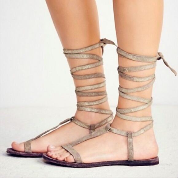 Free People Dahlia Lace Up Metallic Leather Gladiator Sandals Size 9.5 - Picture 7 of 13